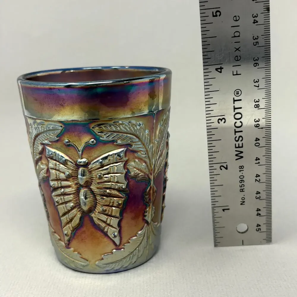 Pair of Antique Fenton Blue Carnival Glass Butterfly & Fern Tumblers Ground Base